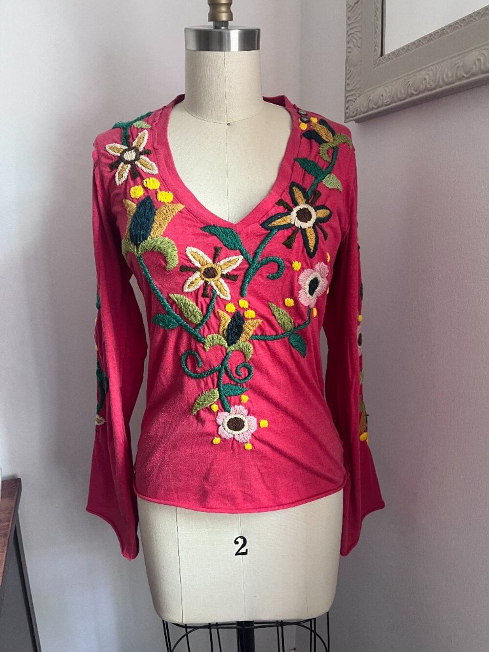 Vintage Joystick by Johnny Was Hand-Embroidered Bell Sleeve Top